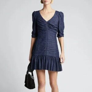 Tanya Taylor Pansy Pintuck Denim Ruffle-Hem Mini Dress